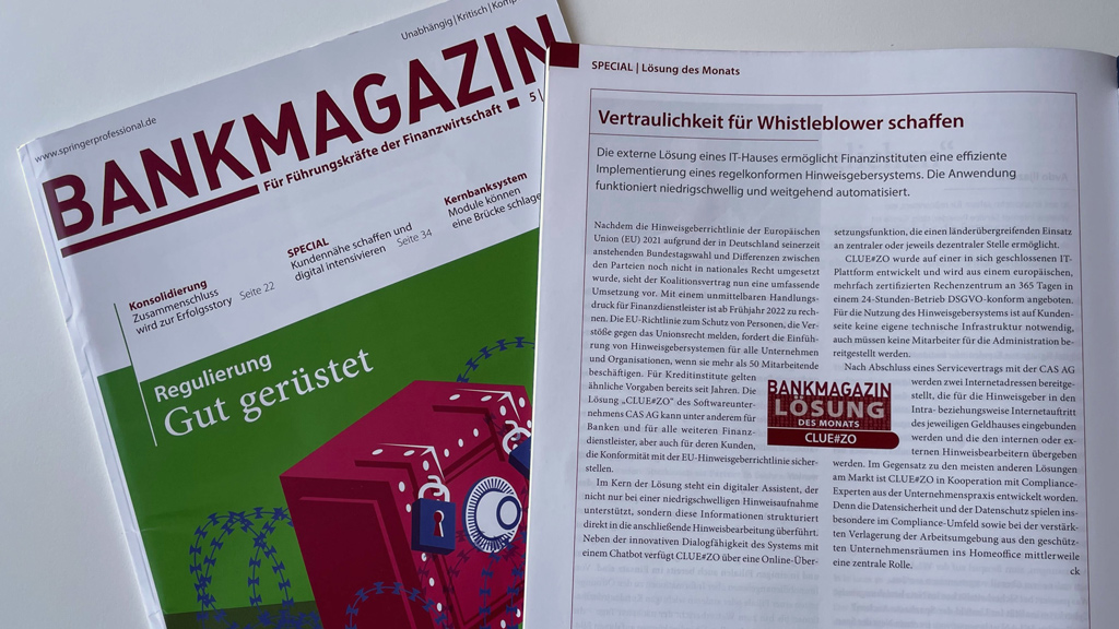 Titel BANKMAGAZIN Ausgabe Mai 2022 Artikel zu Hinweisgebersystem CLUE#ZO